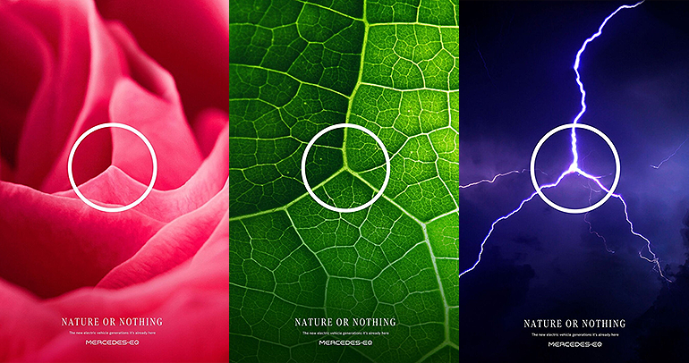 Three ads from Mercedes-Benz' "Nature or Nothing" ad campaign that riffed on Mercedes-Benz’s iconic logo to promote the Mercedes-EQ line of electric vehicles