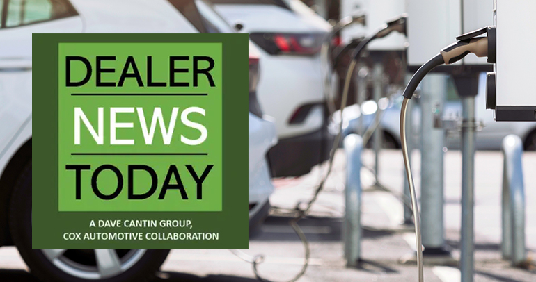 Image of the Dealer News Today logo with an electric vehicle charging in the background