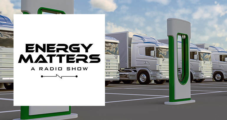 Image of the Energy Matters logo on a background with futuristic-looking commercial vehicle trucks