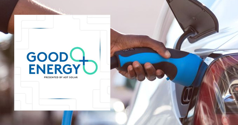 Image of an electric vehicle being plugged in to charge with the Good Energy podcast logo