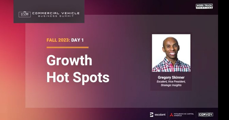 Image of Escalent's Gregory Skinner as the presenter of Growth Hot Spots at Work Truck Solutions' Fall 2023 Commercial Vehicle Business Summit
