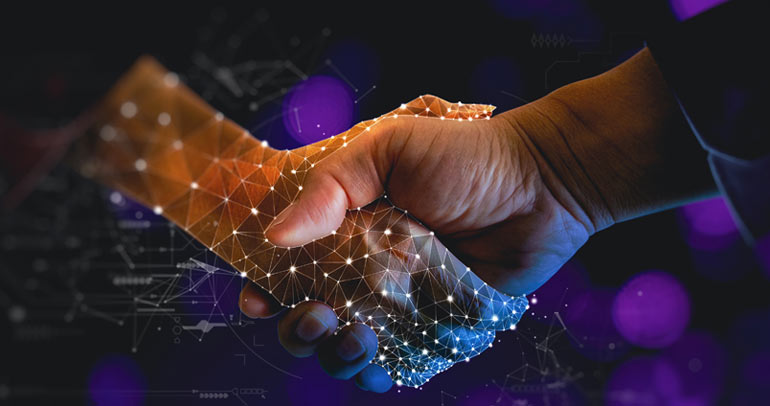 Robotic AI hand shaking a human hand