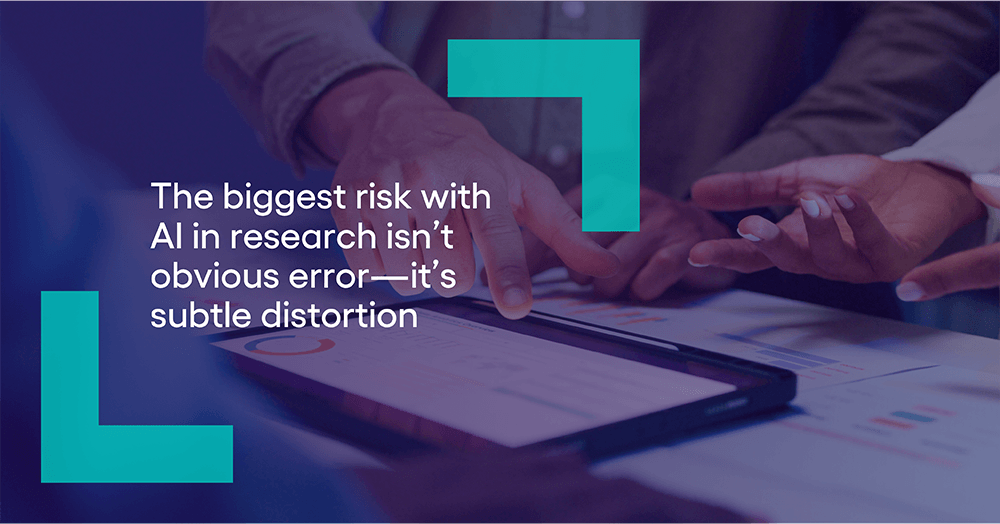 A close up of two people's hands making gestures above a table with documents that have data graphics on them. A male hand points to a tablet display on the table that has data visualizations on it. There is a quote from the blog author, Escalent President Christopher Barnes, that says "The biggest risk with AI in research isn't obvious error. It's subtle distortion."