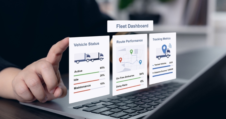 A fleet manager monitoring a live telematics fleet management dashboard on a laptop, tracking multiple vehicles in real time with route maps, delivery statuses, GPS locations, and performance analytics displayed on screen