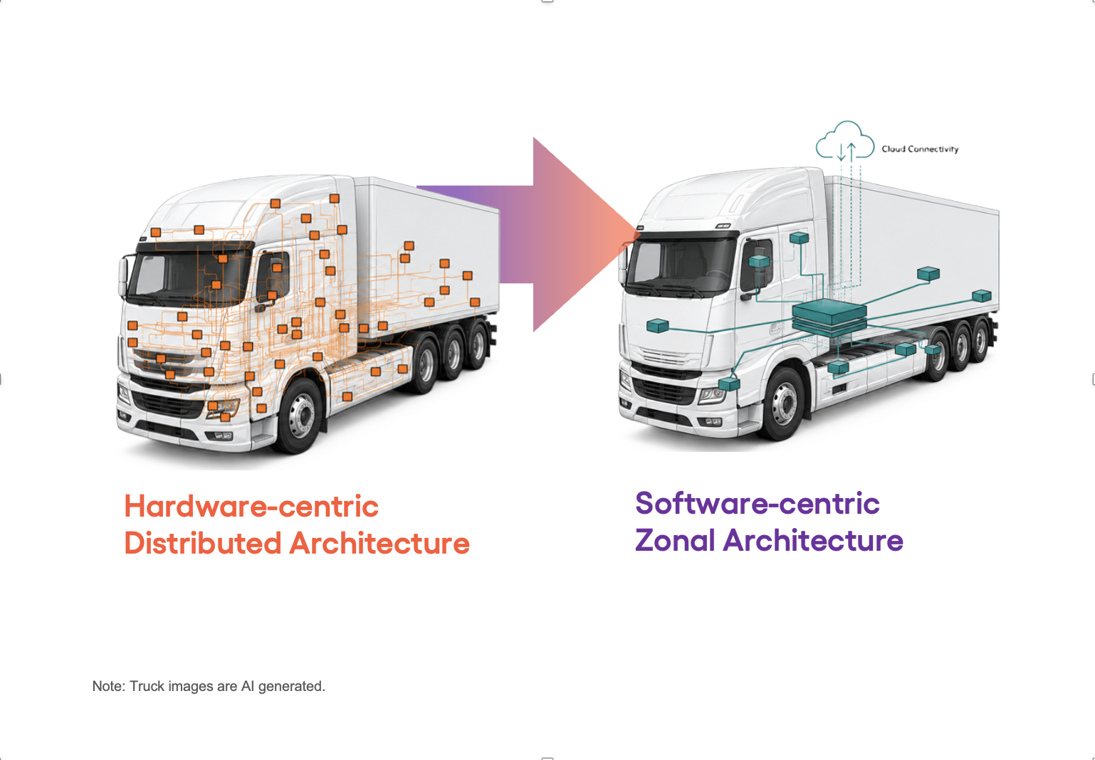 Illustration comparing commercial vehicle architectures, showing a hardware-centric distributed truck with numerous electronic control units transitioning to a software-centric zonal architecture with centralized computing and cloud connectivity based on insights from Escalent's commercial vehicle research and advisory practice