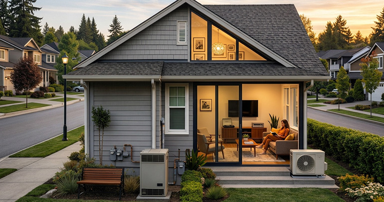 Modern suburban home featuring both natural gas infrastructure and an electric heat pump, illustrating the evolving competition between electricity and natural gas in residential energy.