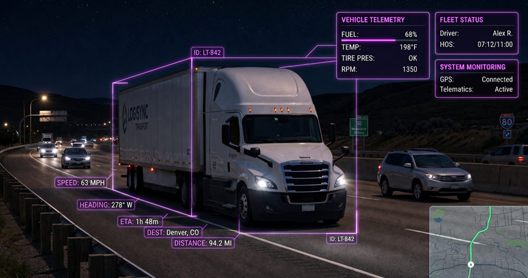 Connected commercial truck traveling on a highway at night with digital overlays displaying vehicle telemetry, fleet status, GPS location, speed, route and system monitoring data.